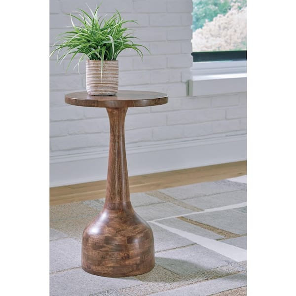 Joville 14 in. Brown Round Wood End Table with Pedestal Base