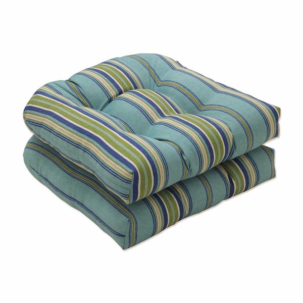 Pillow Perfect Striped 19 in. x 19 in. Outdoor Dining Chair Cushion in Blue/Green/Natural (Set of 2)