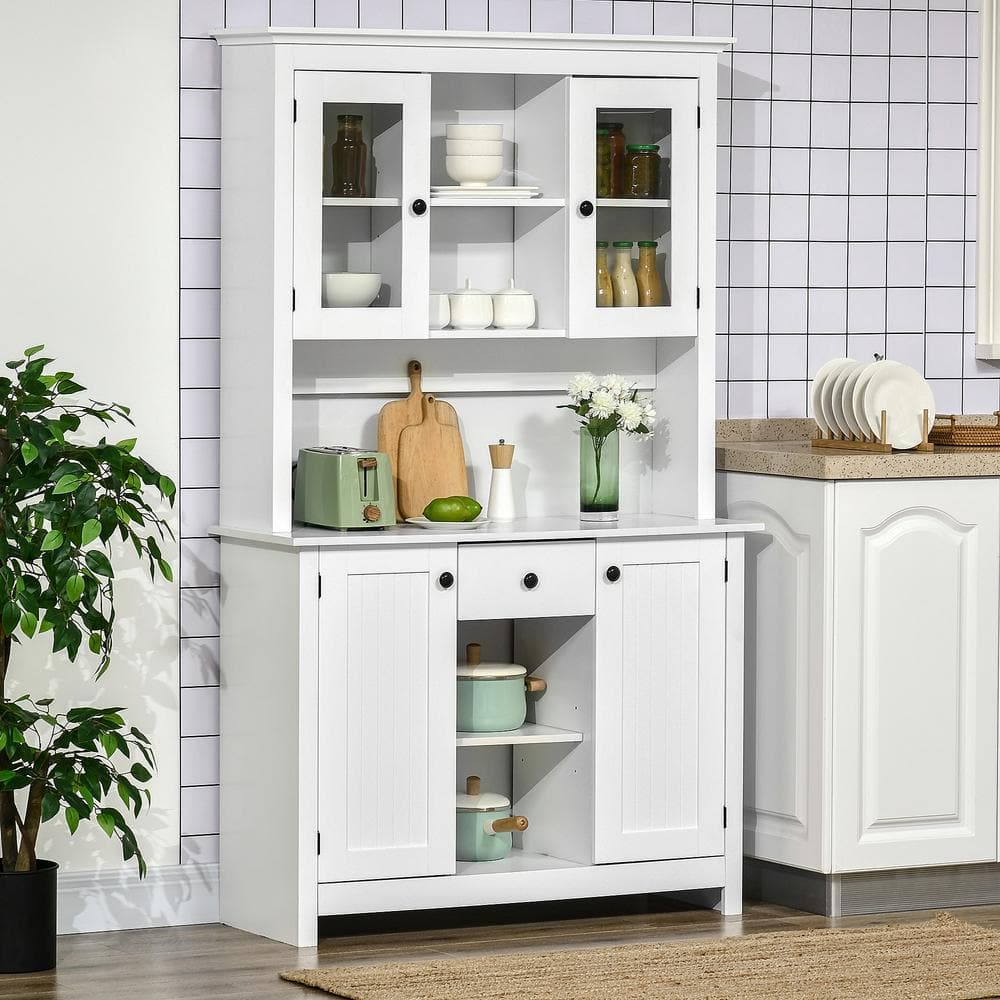 White Painted Freestanding Kitchen Buffet with Hutch and Shelves
