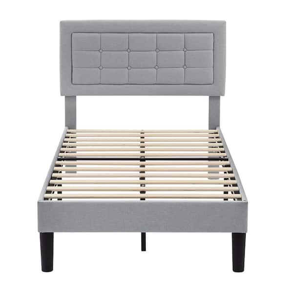 VECELO Upholstered Bed Light Gray Wood and Metal Frame Twin Platform Bed with Adjustable Headboard Bed Frame