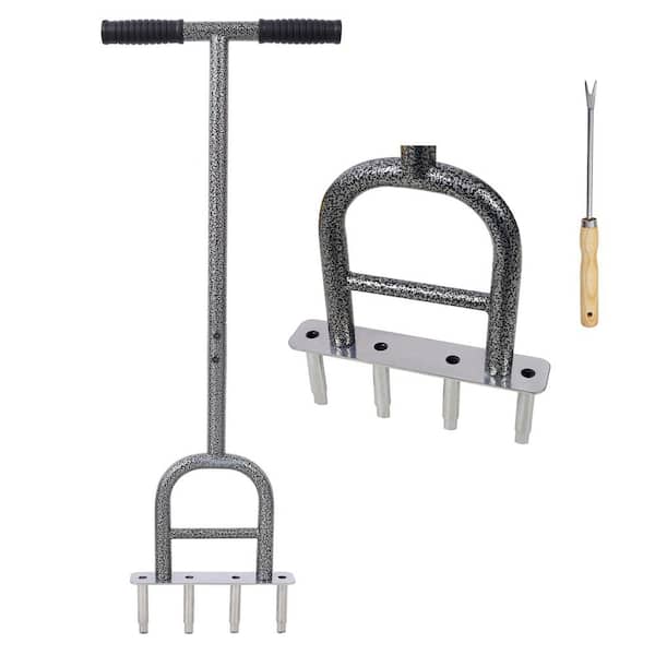 Huluwat Gray Steel Lawn 4-Tine Aerator, 4 Corer Plug Aerator Toolwith Soft Rubber Grip for Loosening Soil