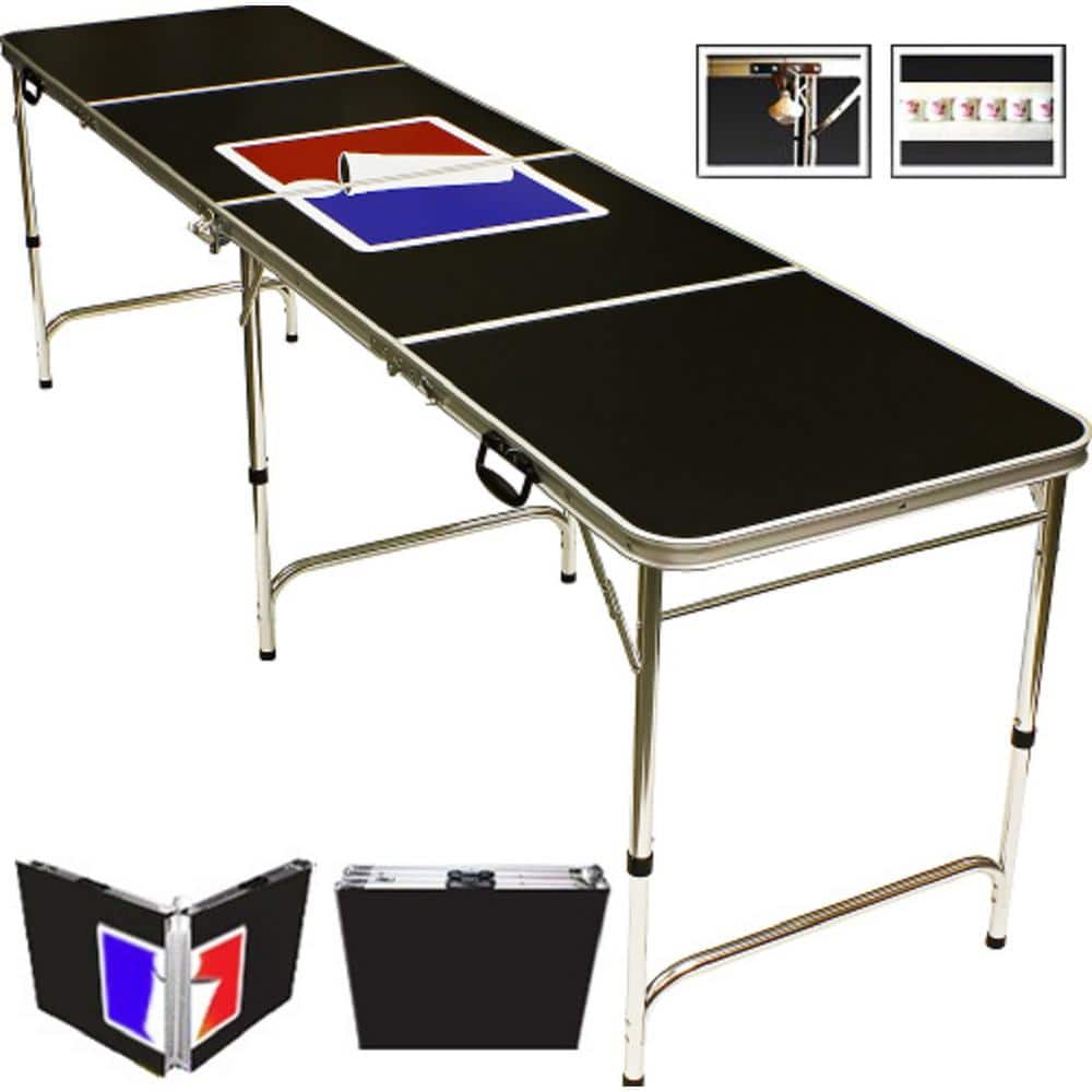 Black Stainless Steel Folding Beer Pong Table with Sports Logo