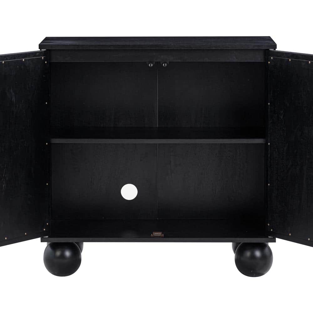 Black Boho Storage Cabinet with Seagrass Doors and Solid Wood Legs