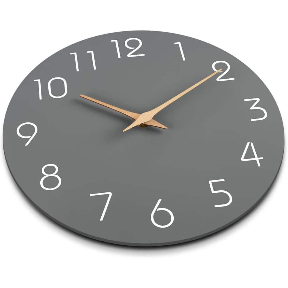 Gray 12-Inch Silent Non-Ticking Wooden Wall Clock