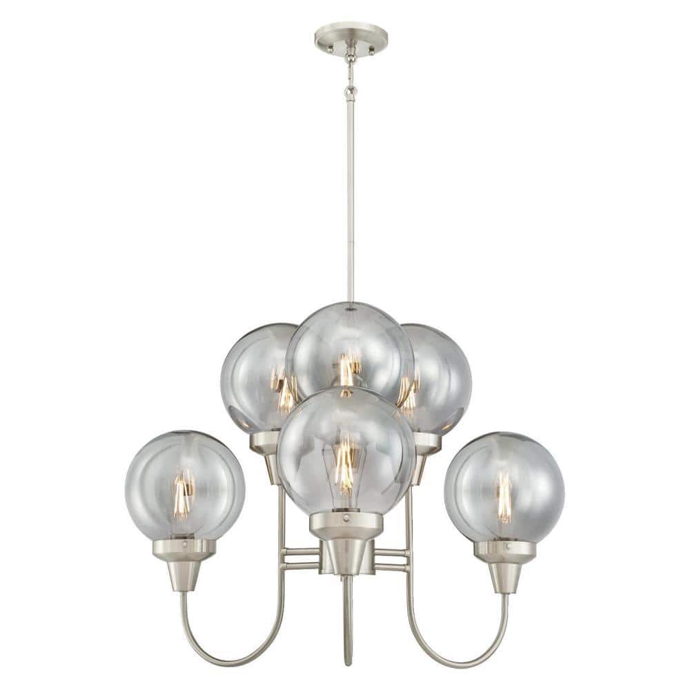 Elegant 6-Light Brushed Nickel Chandelier with Smoke Grey Glass Globes
