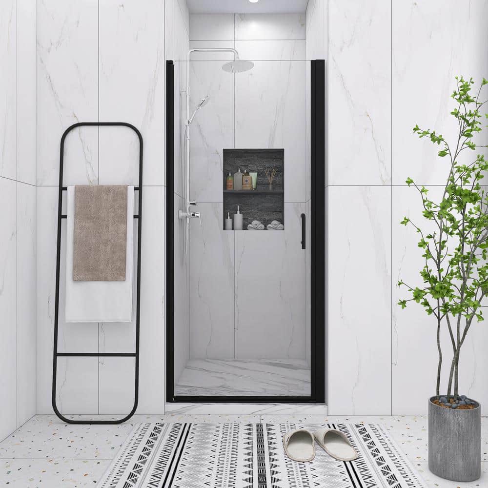 34 in. W x 72 in. H Pivot Semi-Frameless Shower Door in Matte Black with Cl