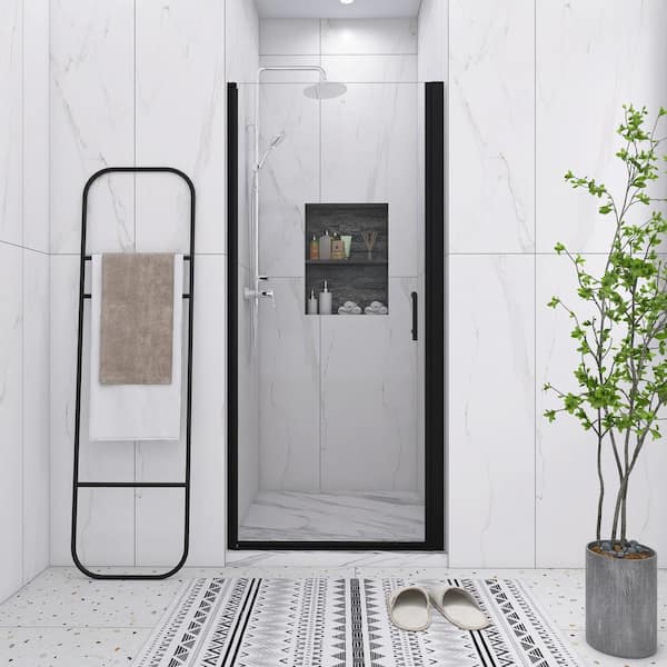 34 in. W x 72 in. H Pivot Semi-Frameless Shower Door in Matte Black with Clear Glass