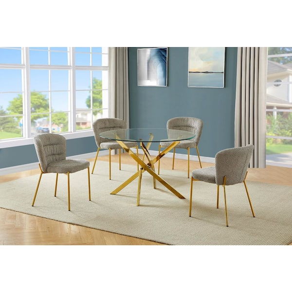 Best Quality Furniture Poly 5-Piece Clear Tempered Glass Top with Gold Chrome Base Dining Set with 4 Grey Chairs