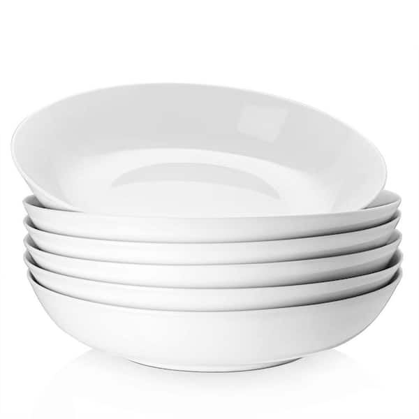 40 fl. oz. White Porcelain Wide Shallow Pasta and Salad Serving Bowls 9 in. Diameter Set of 6