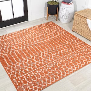 Ourika Moroccan Geometric Textured Weave Orange/Cream 5 ft. Square Indoor/Outdoor Area Rug