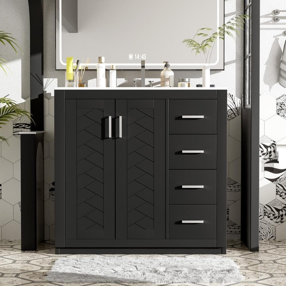 36 in. Single Sink Freestanding Black Bath Vanity with White Ceramic Top, 3 Drawers & 2 Soft Close Doors price history on PriceWatchPro