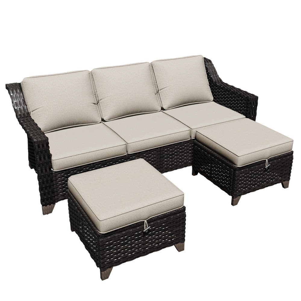 3-Piece Brown Wicker Outdoor 3-Seat Couch with Ottomans and Thick Beige Cushions price history on PriceWatchPro