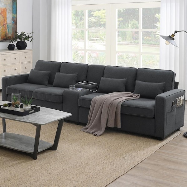 Harper Bright Designs 114.2 in. W Square Arm Linen Rectangle Sofa in. Dark Gray with Console 2 Cup Holders Wired and Wireless Charging GTT010AAR The Home Depot