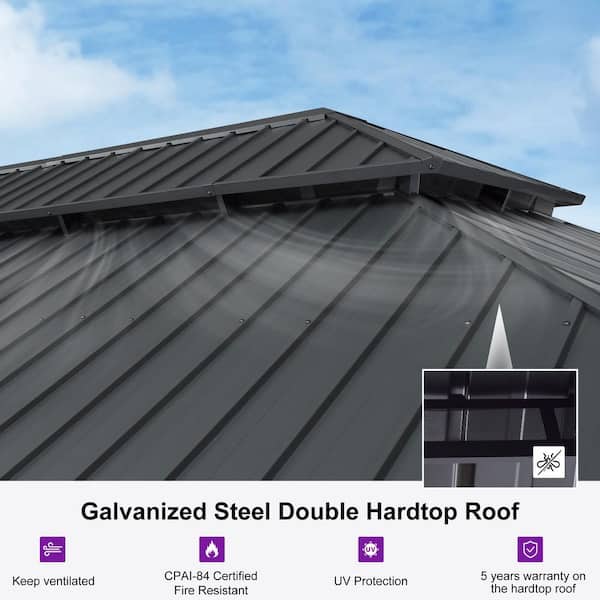 13 ft. x 20 ft. Gray Aluminum Power-Coated Frame Galvanized Steel Double Roof Hardtop Gazebo,Hooks, Netting,Gray Curtain