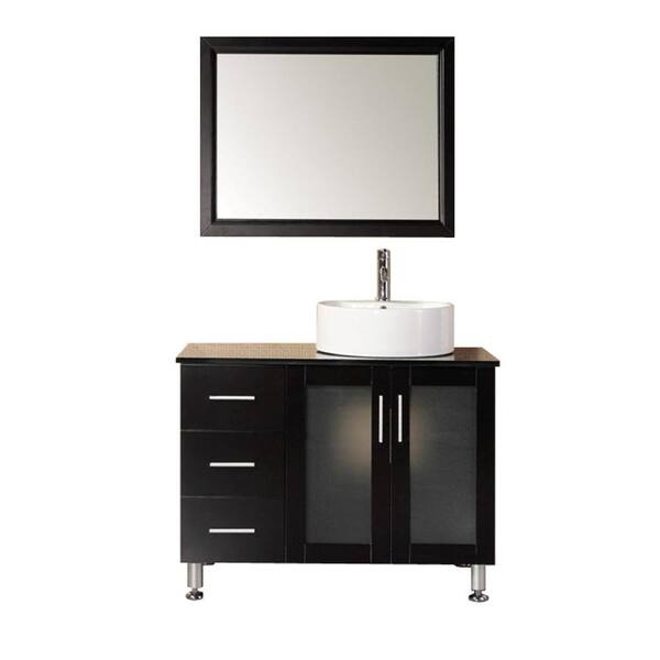 Design Element Malibu 39 in. W x 22 in. D Vanity in Espresso with Tempered Glass Vanity Top and Mirror in Black