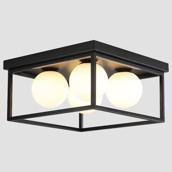 Jger 12 in. Modern Matte Black Rectangle Semi-Flush Mount Ceiling Light with Frosted Glass Shade for Kitchen and Bedroom