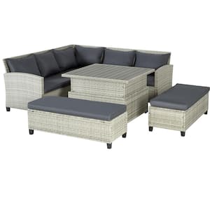 6-Piece Gray Rattan Wicker Outdoor Patio Sectional Sofa Set with Gray Cushions for Garden Balcony Backyard