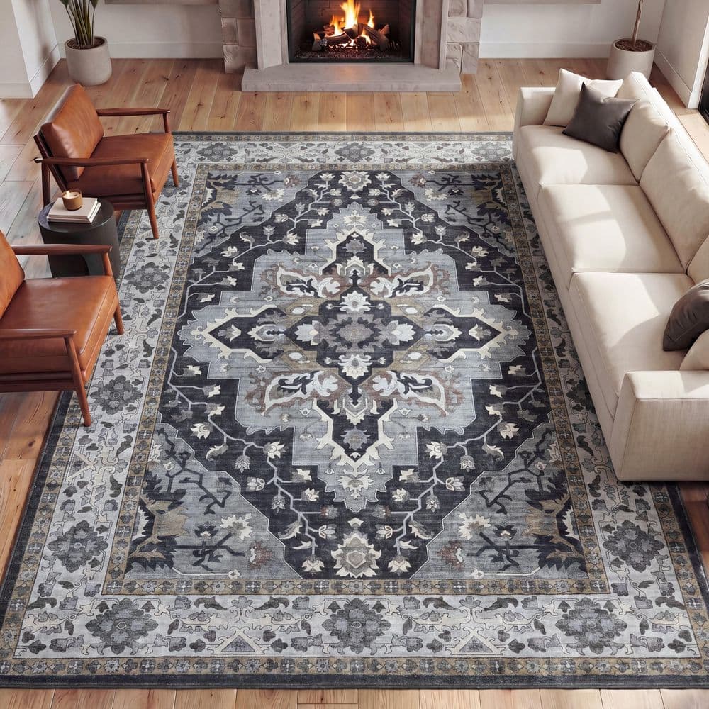 Superbia Boho Medallion Border Non-Slip Machine-Washable Gray/Charcoal 5 ft. x 8 ft. Area Rug price history on PriceWatchPro