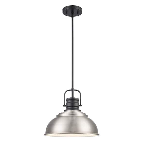 Home Decorators Collection Shelston 13 in. 1-Light Brushed Nickel and Black Farmhouse Pendant Light Fixture with Metal Shade