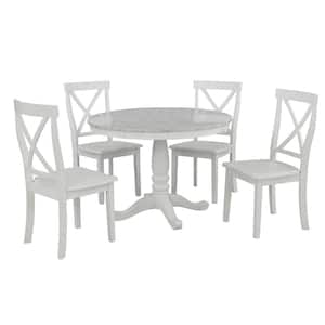 5-Piece White Solid Wood X-Back Dining Set with 1-Marble Kitchen Room Table and 4-Chair