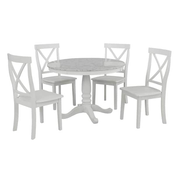 Clihome 5-Piece White Solid Wood X-Back Dining Set with 1-Marble Kitchen Room Table and 4-Chair