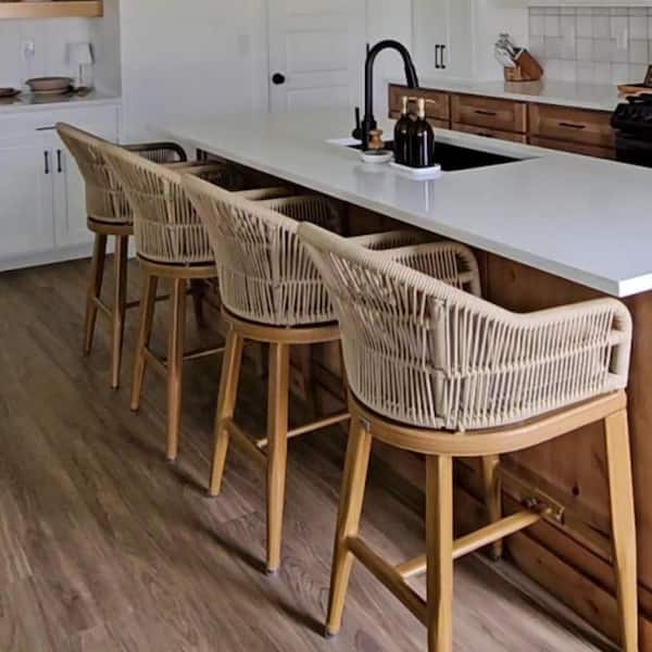 Modern Aluminum Rattan Bar Height Outdoor Bar Stool with Back and Beige Cushion (4-Pack)