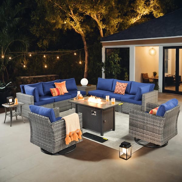 XIZZI Echo 11-Piece Wicker Patio Rectangular Fire Pit Set with Navy Blue Cushions and Swivel Rocking Chairs