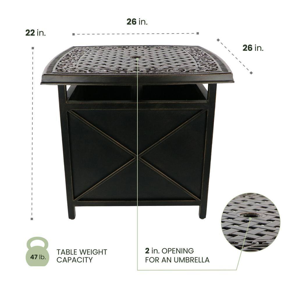 Bronze Cast Aluminum Square Patio Table with Umbrella Holder