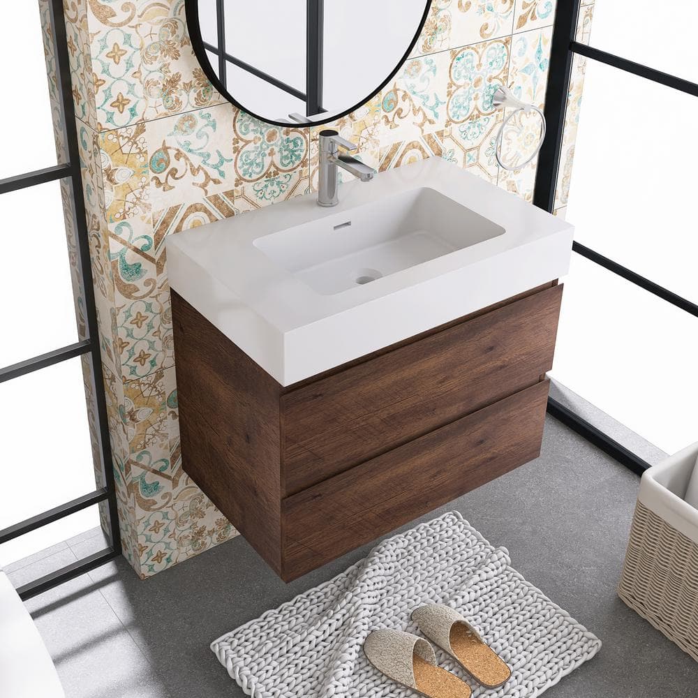 Walnut Wall-Mounted Bathroom Vanity with White Resin Sink, 30" x 18"