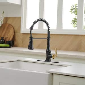 Single-Handle Pull-Down Sprayer 3 Spray High Arc Kitchen Faucet With Deck Plate in Matte Black & Gold