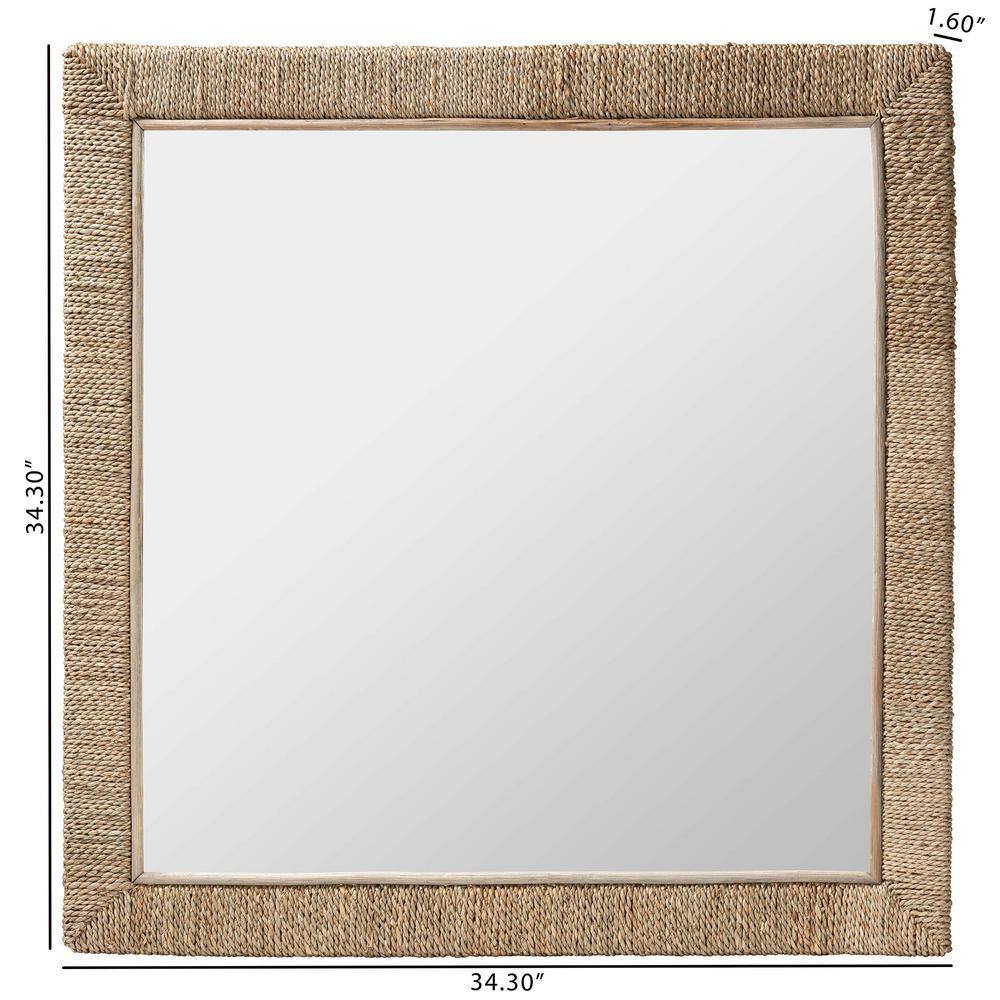 Japandi Natural Seagrass Square Wall Mirror with Mahogany Frame
