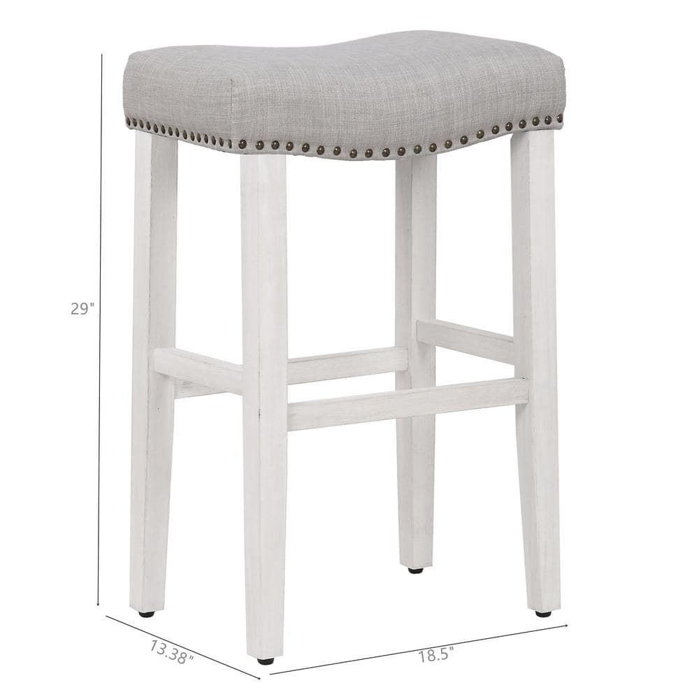 29" Antique White and Gray Upholstered Saddle Seat Counter Stool