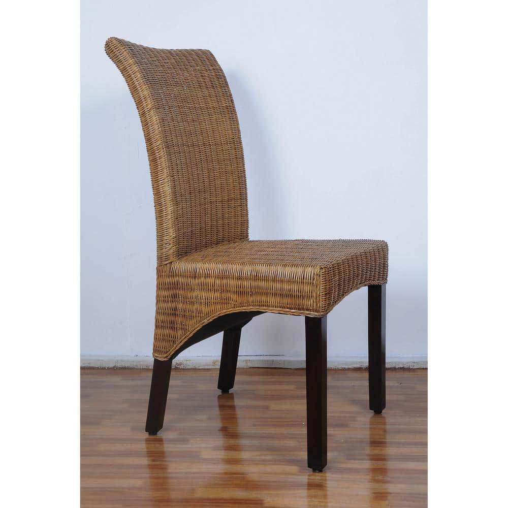 Walnut Finish High Back Rattan Side Chair