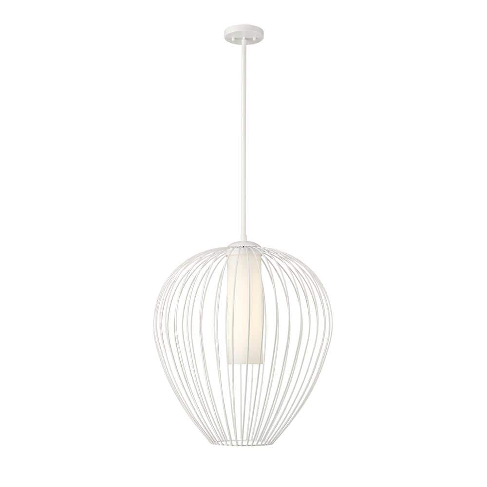 Savanti 22 in. 1-Light Textured White Shaded Pendant Light with White Opal 