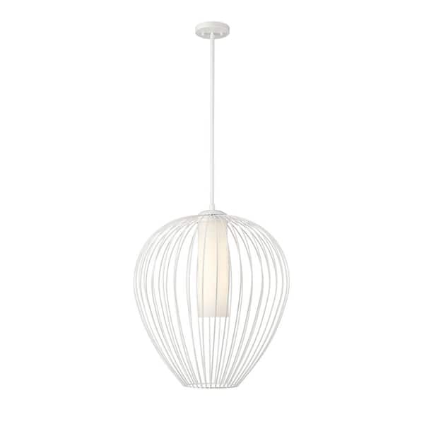 Unbranded Savanti 22 in. 1-Light Textured White Shaded Pendant Light with White Opal Glass Shade, No Bulbs Included