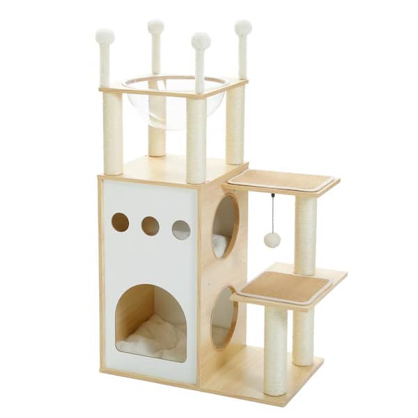 cenadinz Modern Cat Tree 42.5 in. Wooden Cat Tower with 2-Floor Condo Cat Furniture with Cat Scratching Posts in Beige