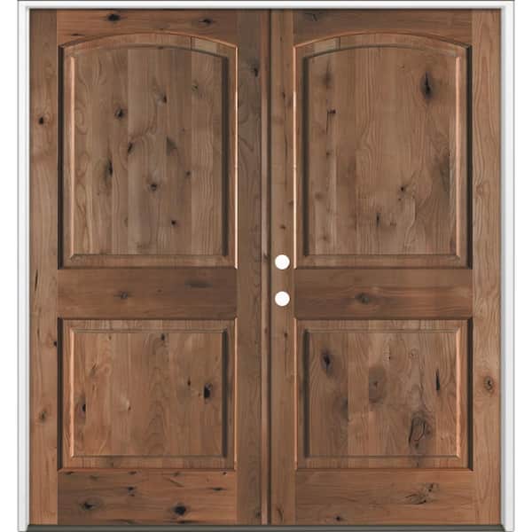 60 in. x 80 in. Rustic Knotty Alder 2-Panel Arch-Top Active Right Double BEHR True Black Stain Wood Prehung Front Door