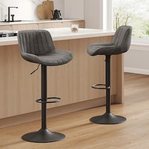 Modern 33.10 in. Height Gray Faux Leather Swivel Adjustable Height Low Back Bar Stools with Metal Frame (Set of 2)