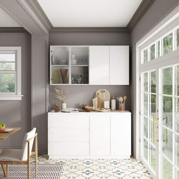 FUFU&GAGA White Wood 63 in. W Food Pantry, Pantry Cabinet, with Wall Mounted Kitchen Cabinet, Glass Doors and Drawers (Two Parts)