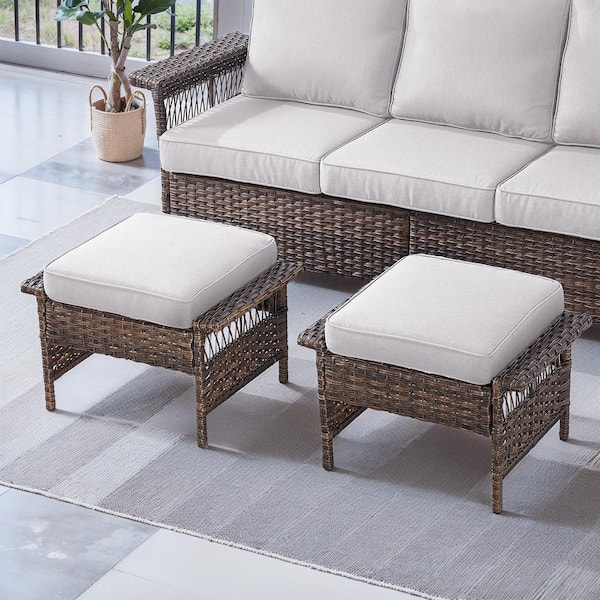 Opohoro GliderNet Metal and Brown Wicker Outdoor Ottoman with Olefin Beige Cushion (2-Pack)