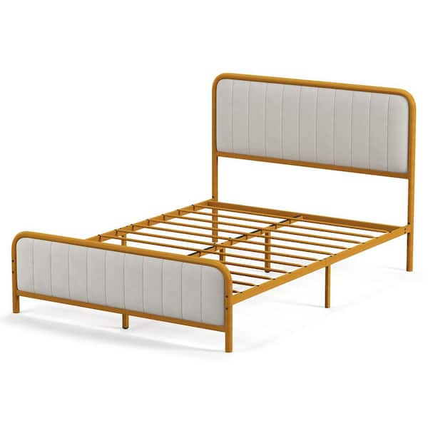 Costway Gold Metal Bed Frame Upholstered Full Platform Bed with Velvet Headboard