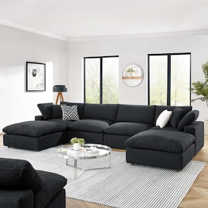 Commix 160 in. W Square Arm Down Filled Overstuffed Boucle 6-pieces Fabric Rectangular Sectional Sofa in Black