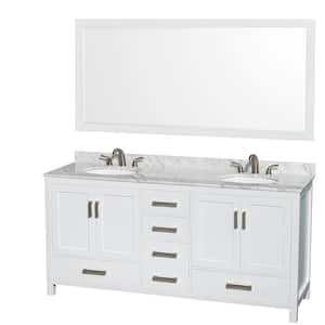 Sheffield 72 in. W x 22 in. D x 35 in. H Double Bath Vanity in White with White Carrara Marble Top and 70" Mirror