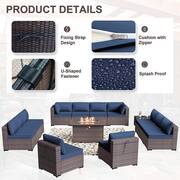 14-Piece Wicker Patio Conversation Set with 55000 BTU Gas Fire Pit Table and Glass Coffee Table and Navy Cushions