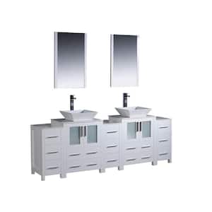 Torino 84 in. Double Vanity in White with Glass Stone Vanity Top in White with White Basin and Mirrors