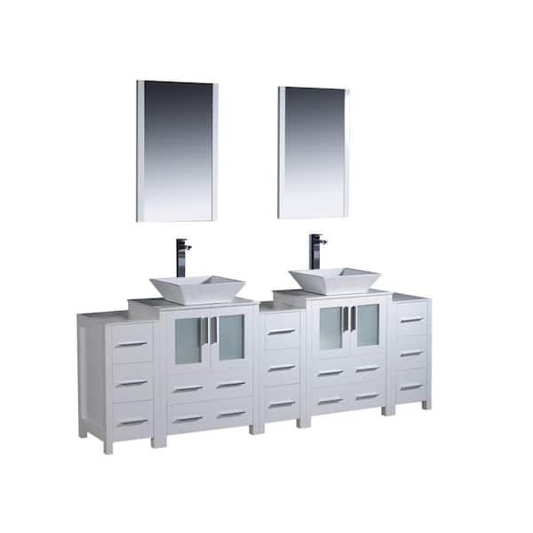 Fresca Torino 84 in. Double Vanity in White with Glass Stone Vanity Top in White with White Basin and Mirrors
