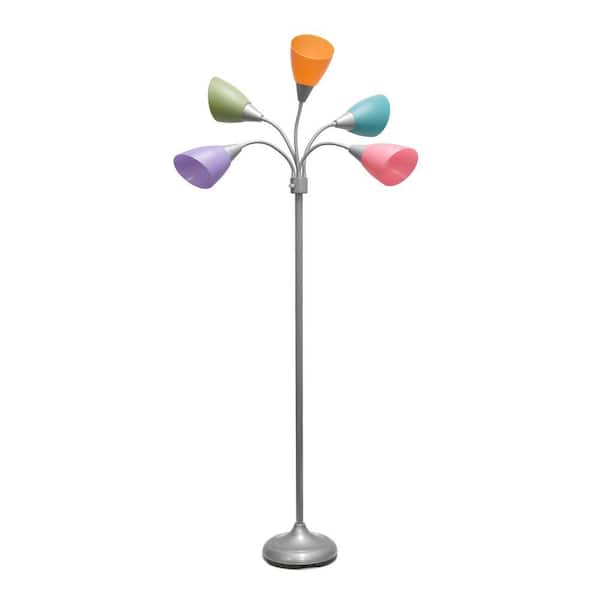 Simple Designs 67 in. Silver and Fun Multi-Colored 5-Light Adjustable Gooseneck Floor Lamp with Plastic Shades
