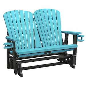Adirondack Series 52 in. 2-Person Black Frame High Density Plastic Outdoor Glider with Aruba Blue Seats and Backs