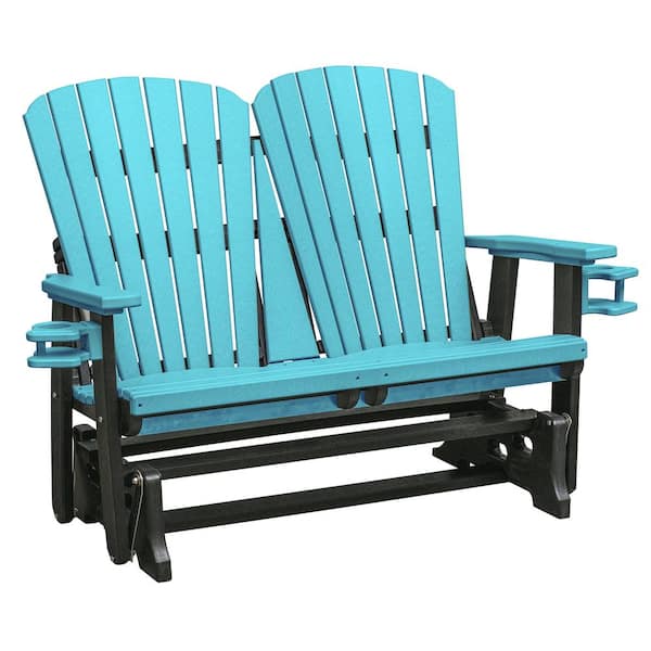 American Furniture Classics Adirondack Series 52 in. 2-Person Black Frame High Density Plastic Outdoor Glider with Aruba Blue Seats and Backs