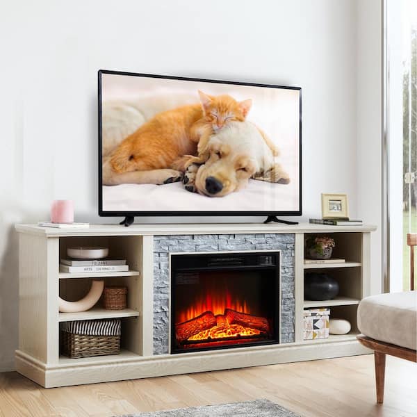 70 in. W Freestanding Wooden with Faux Stacked Stone Surround Large Electric Fireplace TV Stand in White